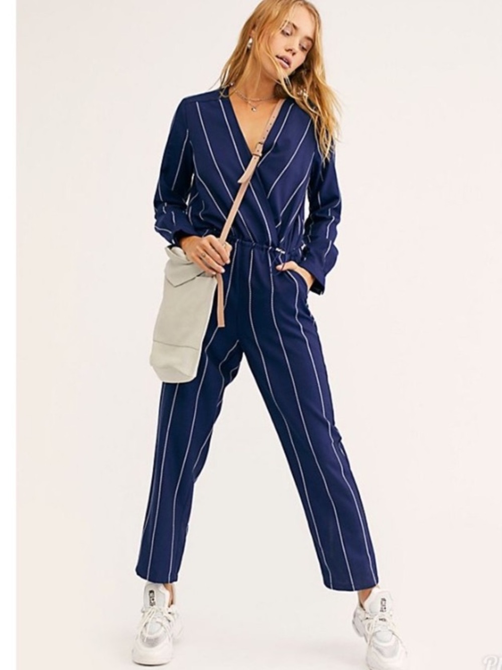 Scotch & Soda Navy Pinstripe Straight Leg Sailor Jumpsuit Large Elastic Waist